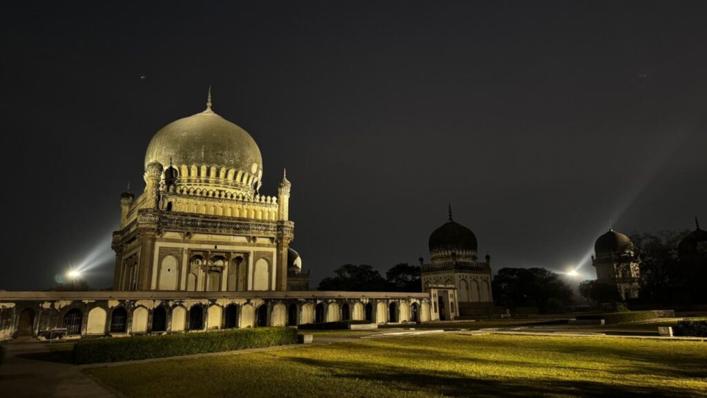 Ancient Mughal monument at night, showcasing the region's historical architecture in the Deccan.