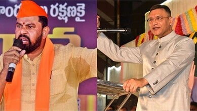 Goshamahal MLA T Raja Singh dares AIMIM floor leader Akbaruddin Owaisi for a 5 minute show of strength during a public meeting held in Warangal on Thursday, February 19, 2026.