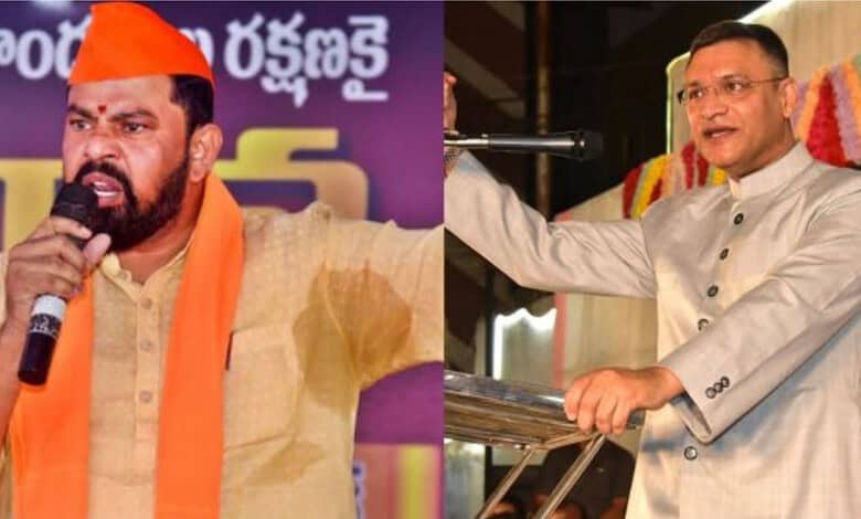 Goshamahal MLA T Raja Singh dares AIMIM floor leader Akbaruddin Owaisi for a 5 minute show of strength during a public meeting held in Warangal on Thursday, February 19, 2026.