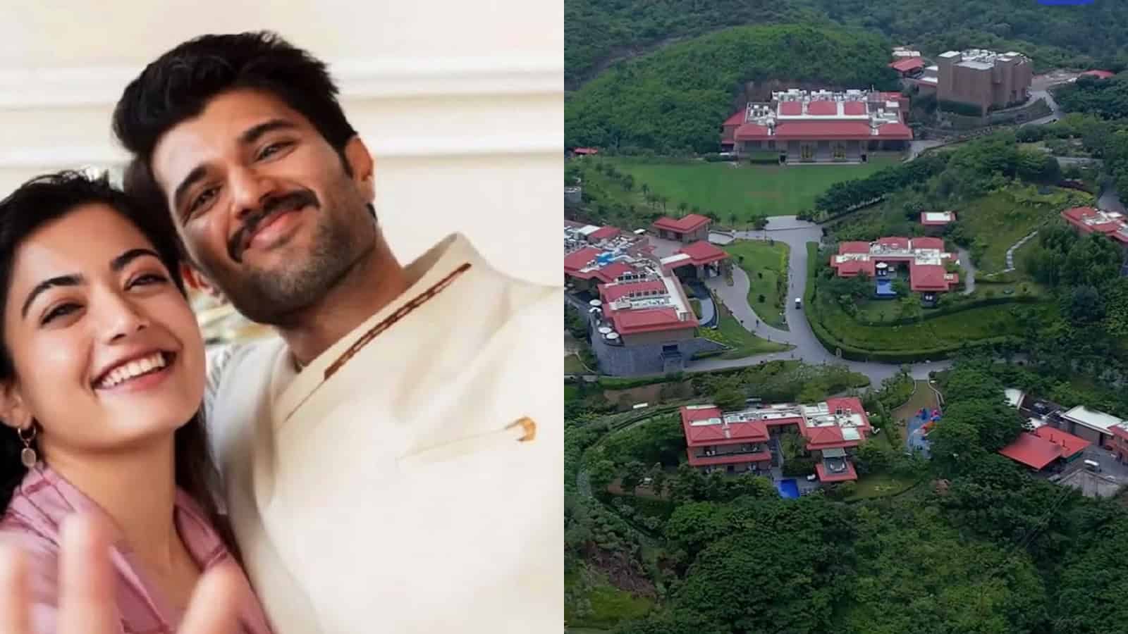 Aerial view of a luxury resort nestled in green hills with multiple buildings and winding roads in India.