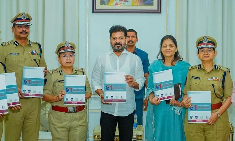 The image shows Telangana CM A Revanth Reddy releasing a book on the 1st Telangana Conference for Women in Police, and the RBVRR TGPA Annual Magazine–2025 at the Secretariat on Friday, February 27, 2026.