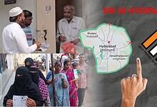 Map of Hyderabad with SIR logo and community members preparing for BLO visits.