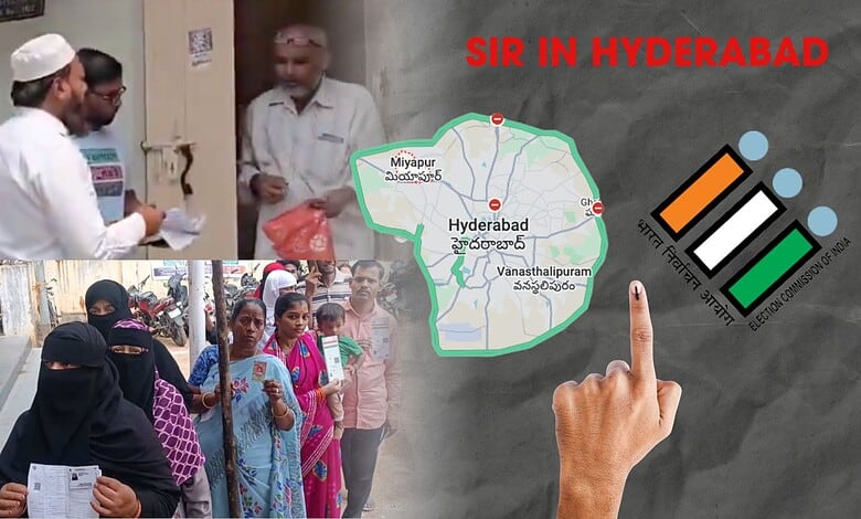 Map of Hyderabad with SIR logo and community members preparing for BLO visits.