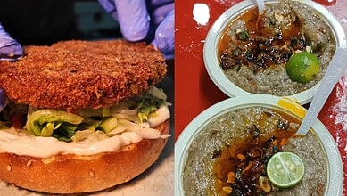 Delicious Haleem burger with crispy patty, fresh vegetables, and creamy sauce, perfect for Ramzan ce.