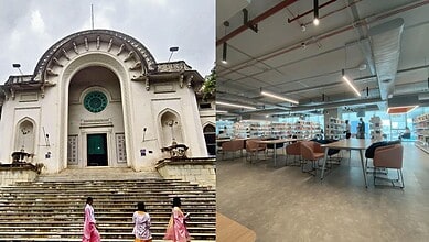 Historic Hyderabad library exterior and modern interior reading space.