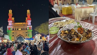 Vibrant Hyderabad food street illuminated at night with diverse dishes for Ramzan celebrations.