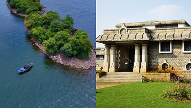 A historic stone museum surrounded by water, accessible only by boat, near Hyderabad.