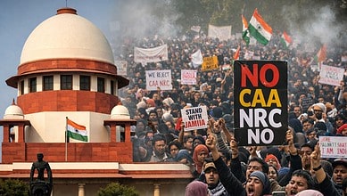 Large crowd protesting CAA outside Supreme Court with signs like "NO CAA NRC NO" and Indian flags.