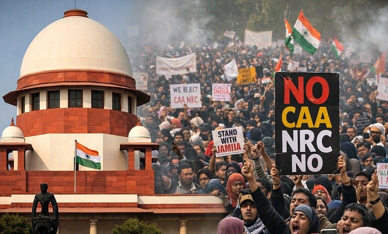Large crowd protesting CAA outside Supreme Court with signs like "NO CAA NRC NO" and Indian flags.