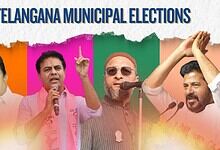Leaders campaigning during Telangana municipal elections in vibrant settings.
