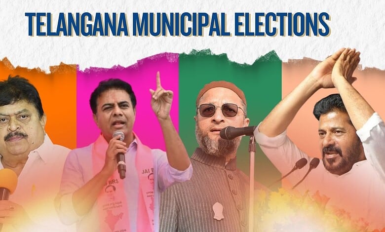 Leaders campaigning during Telangana municipal elections in vibrant settings.