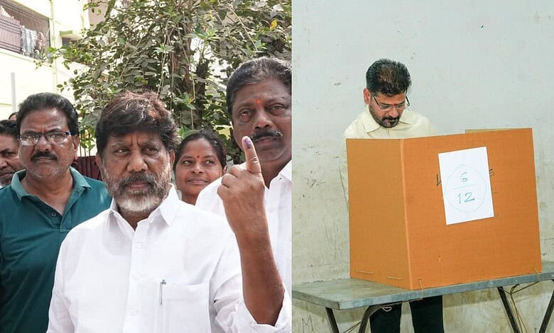 Telangana leaders casting votes in municipal elections, highlighting democratic participation.