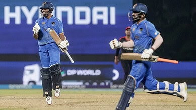 UAE cricket players celebrating after winning a tense T20 World Cup match against Canada.