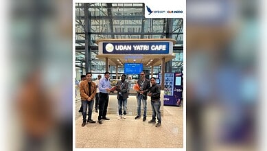 Passengers at Hyderabad airport gather at Udaan Yatri Cafe, a cost-effective dining option for travellers.
