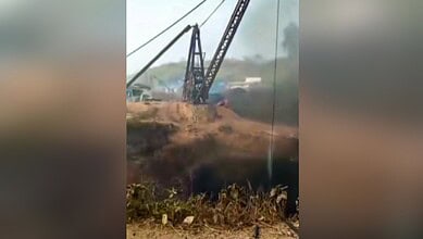 Smoke billows after an explosion at an illegal coal mine, in East Jaintia Hills district, Meghalaya, Thursday, Feb. 5, 2026. At least 18 workers were killed and several others are feared trapped. (PTI Photo)
