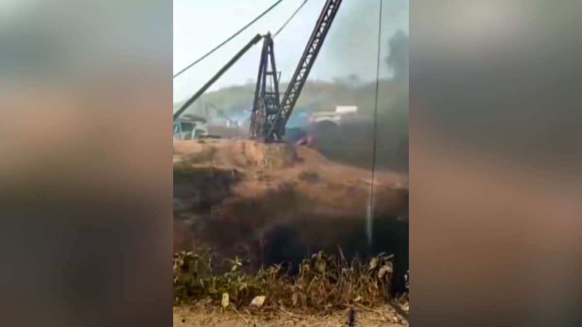 Smoke billows after an explosion at an illegal coal mine, in East Jaintia Hills district, Meghalaya, Thursday, Feb. 5, 2026. At least 18 workers were killed and several others are feared trapped. (PTI Photo)