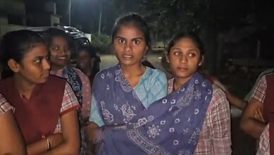 Students address the media after food poisoning incident in Mancherial