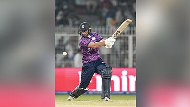 Scotland's Tom Bruce plays a shot during the ICC Men's T20 World Cup 2026 cricket match between West Indies and Scotland at the Eden Gardens in Kolkata on Saturday. (PTI Photo/Swapan Mahapatra)