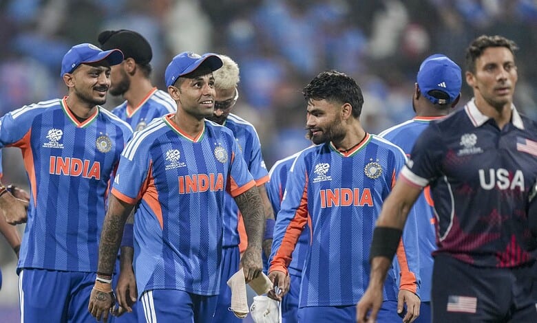 India's players celebrate after winning the ICC Men's T20 World Cup 2026 cricket match against USA at the Wankhede Stadium in Mumbai on Saturday. (PTI Photo/Kunal Patil)
