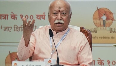 RSS President Mohan Bhagwat addresses a meeting