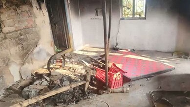 Burnt house of Anjali and Surender who married against the wishes of her family in Mancherial district