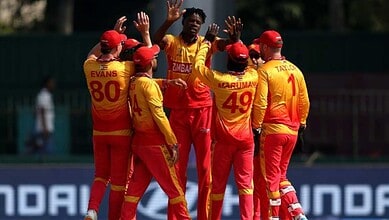 Zimbabwe players celebrates a wicket against Oman in the T20 World Cup match on Monday