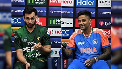 Indian T20 skipper Suryakumar Yadav with his Pakistani counterpart Salman Ali Agha