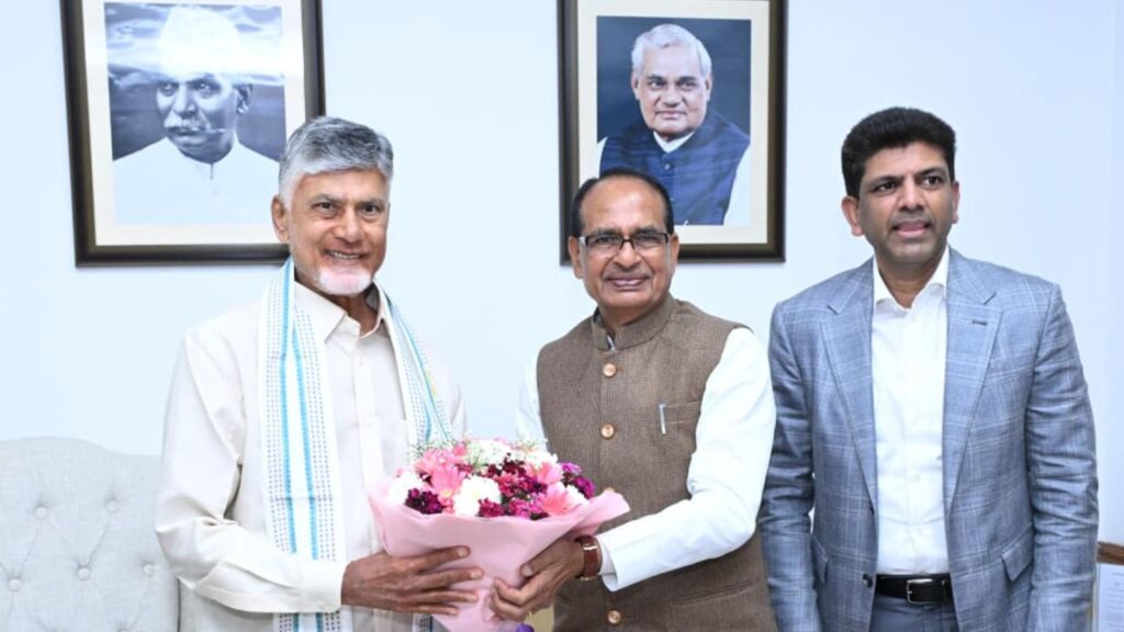 Naidu with officials discussing Polavaram project funding approval.