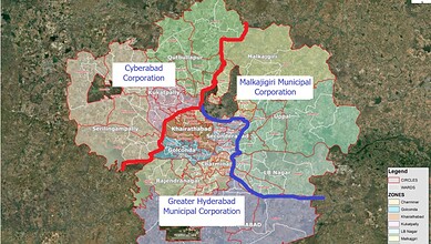 Map showing Hyderabad's new GHMC zones post-trifurcation.