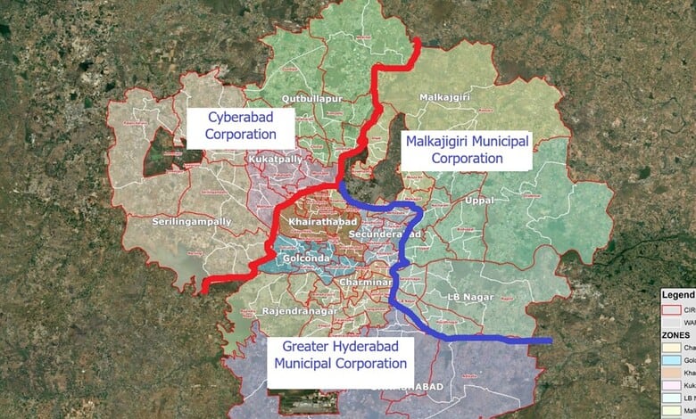 Map showing Hyderabad's new GHMC zones post-trifurcation.