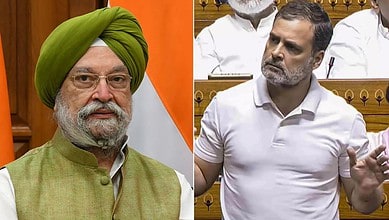 Hardeep Singh Puri in parliament during a discussion about Jeffrey Epstein.