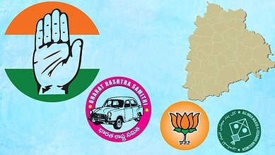 Hand with election symbols representing Telangana municipal election results and voting process.