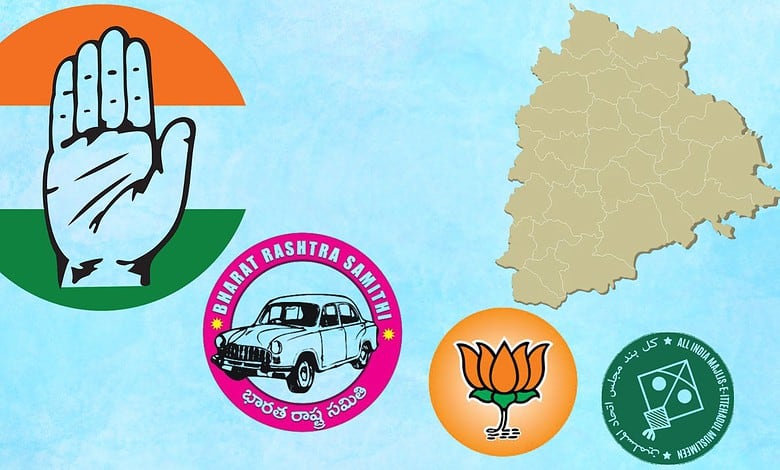 Hand with election symbols representing Telangana municipal election results and voting process.