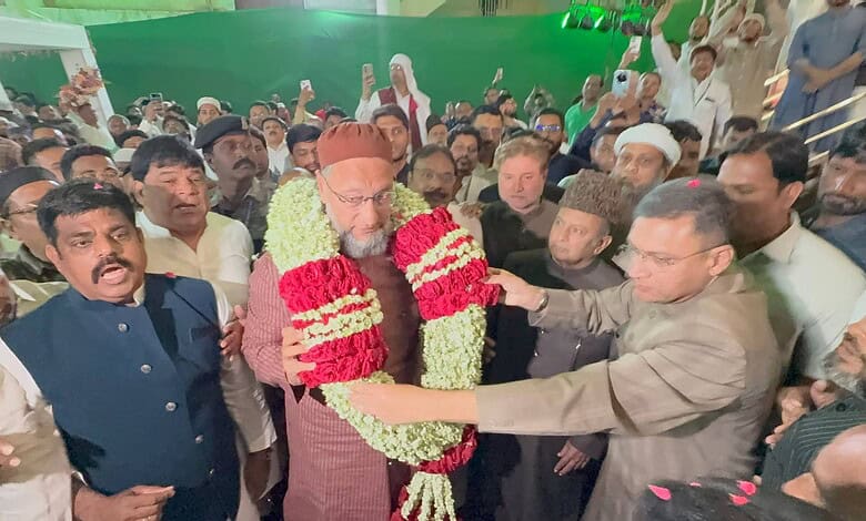 AIMIM President Asaduddin Owaisi welcomed by his brother and other leaders as the party celebrates its 68th Foundation Day at Darussalam in Hyderabad.