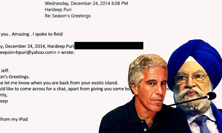 Hardeep Puri with a journalist, discussing emails and Epstein defence.