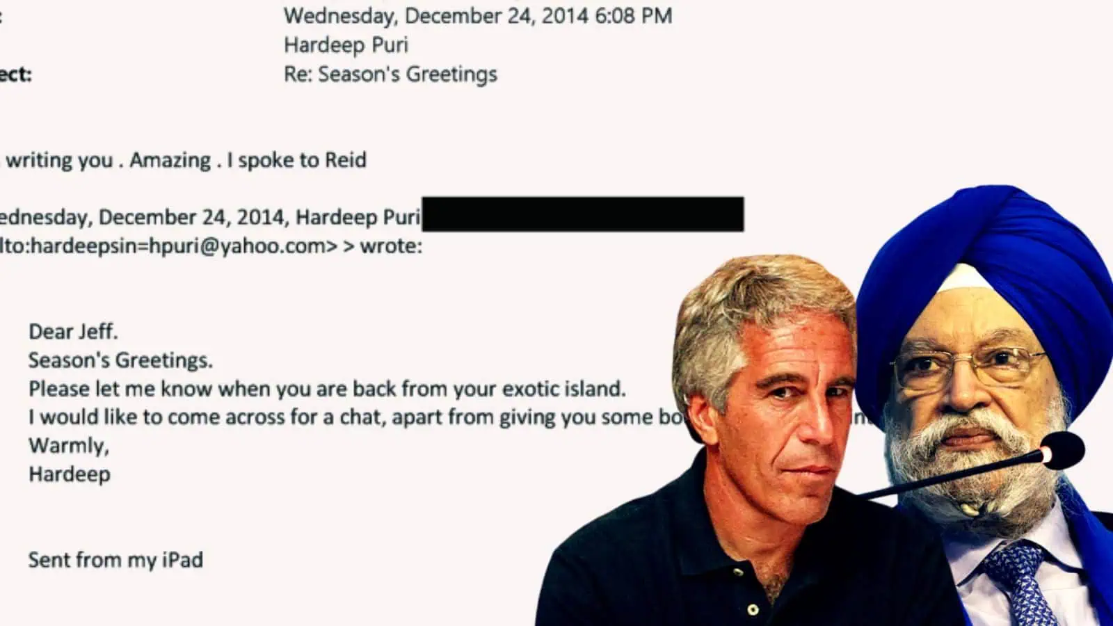 Hardeep Puri with a journalist, discussing emails and Epstein defence.