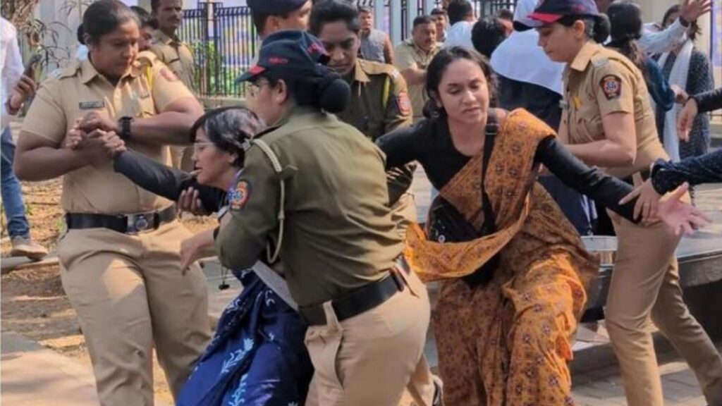 Women and police clash during pro-Palestine protest against Trump's peace policies.