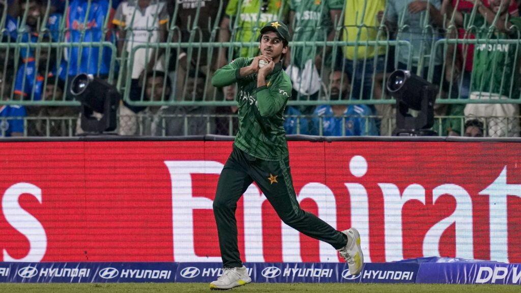 Pakistan cricket player celebrating a wicket in the T20 World Cup 2026.