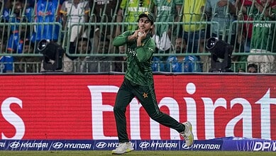Pakistan cricket player celebrating a wicket in the T20 World Cup 2026.