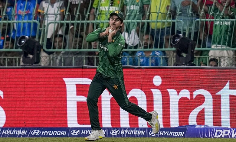 Pakistan cricket player celebrating a wicket in the T20 World Cup 2026.