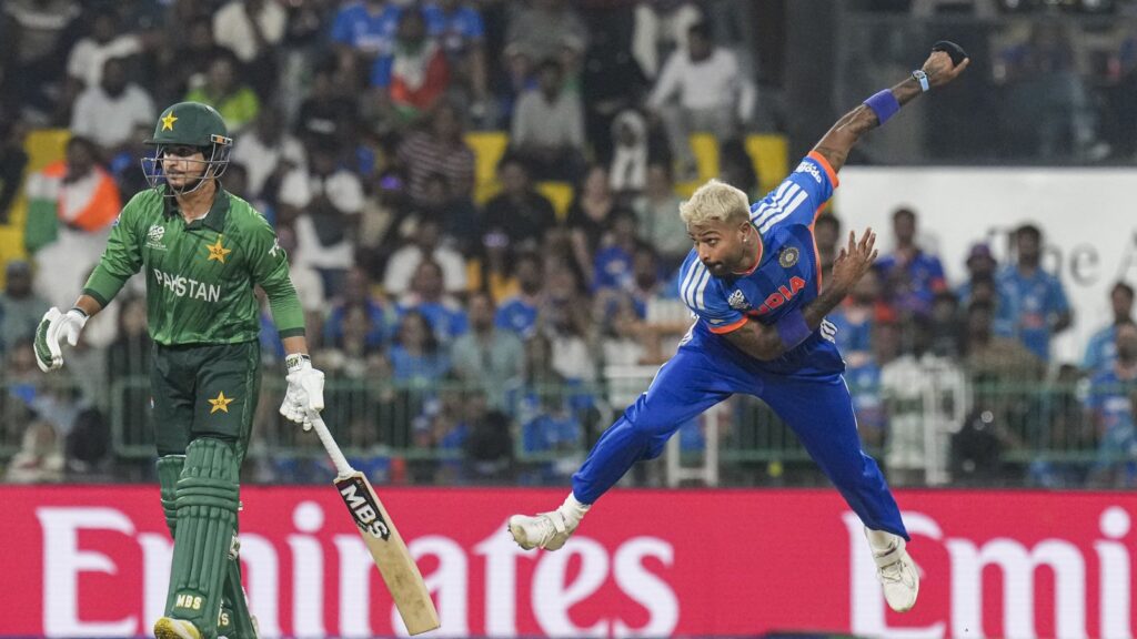 Pakistani cricket player celebrating a wicket during a match.