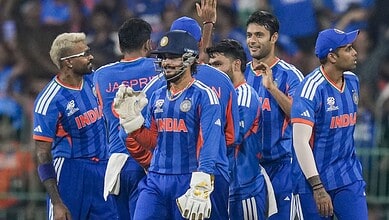 India celebrates after taking the catch of Pakistan's Mohammad Nawaz during an ICC Men's T20 World Cup 2026 cricket match in Colombo on Sunday. (PTI Photo/R Senthilkumar)