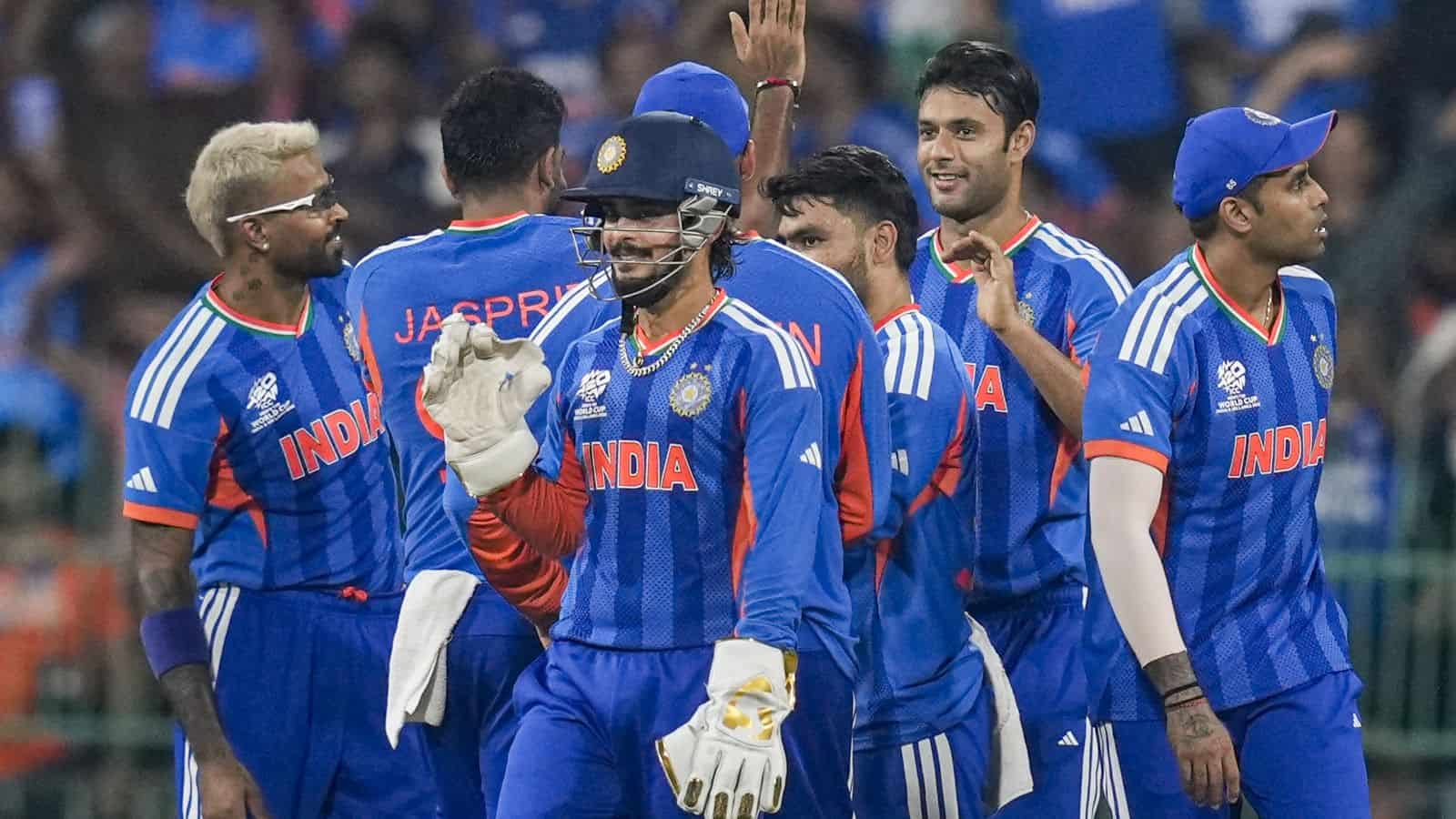 India celebrates after taking the catch of Pakistan's Mohammad Nawaz during an ICC Men's T20 World Cup 2026 cricket match in Colombo on Sunday. (PTI Photo/R Senthilkumar)