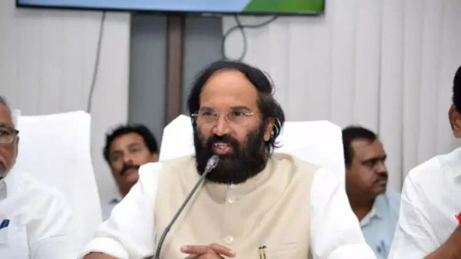 Telangana Irrigation Minister N Uttam Kumar Reddy addresses a meeting