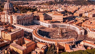 Aerial view of St. Peter's Basilica and the Vatican visitor area in Rome.