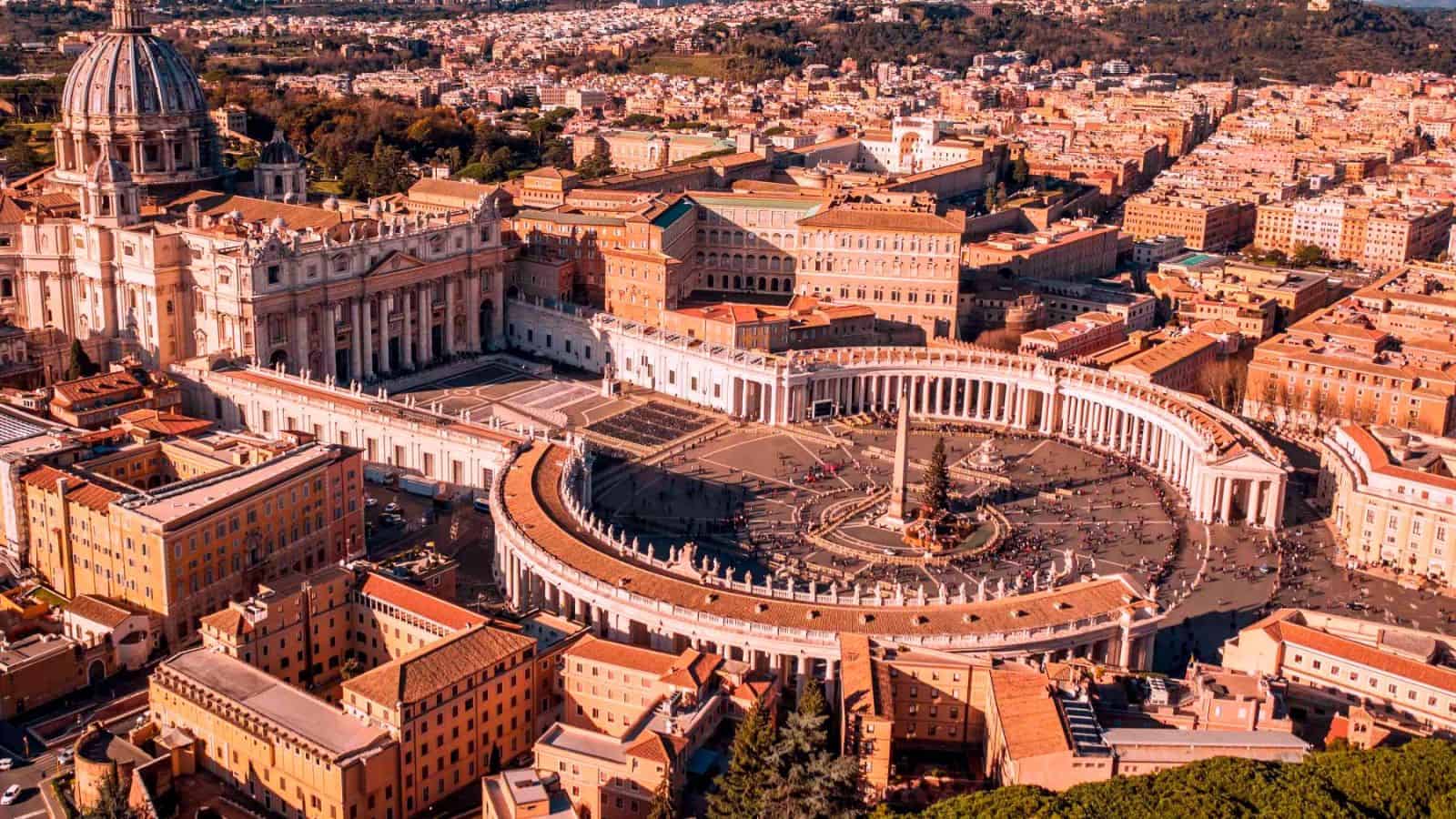 Aerial view of St. Peter's Basilica and the Vatican visitor area in Rome.