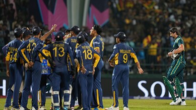 Sri Lanka cricket team celebrating after winning T20 World Cup 2026 match.