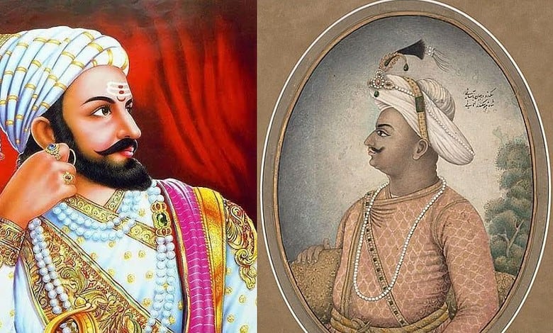 Artistic portraits of Shivaji Maharaj and Tipu Sultan side by side.