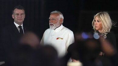 Prime Minister Modi and French President Macron during a diplomatic meeting in Mumbai.