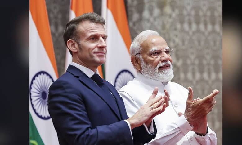 Indian Prime Minister Modi and French President Macron during talks in Mumbai.